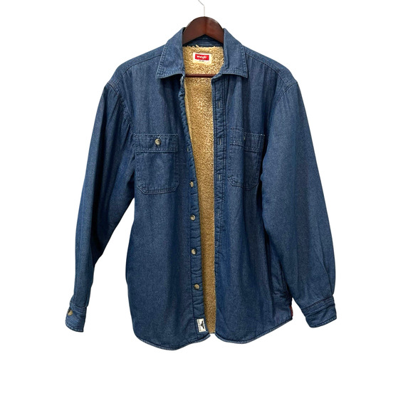 Wrangler Mens Sherpa Lined Denim Shacket Shirt Size M Blue Western Button Front - Picture 2 of 13